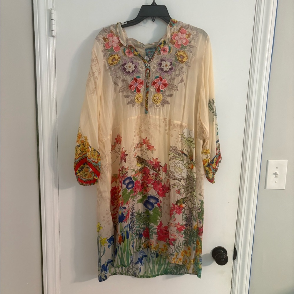 Johnny Was Cream & Floral Long Sleeve Silky Dress Excellent Condition XL